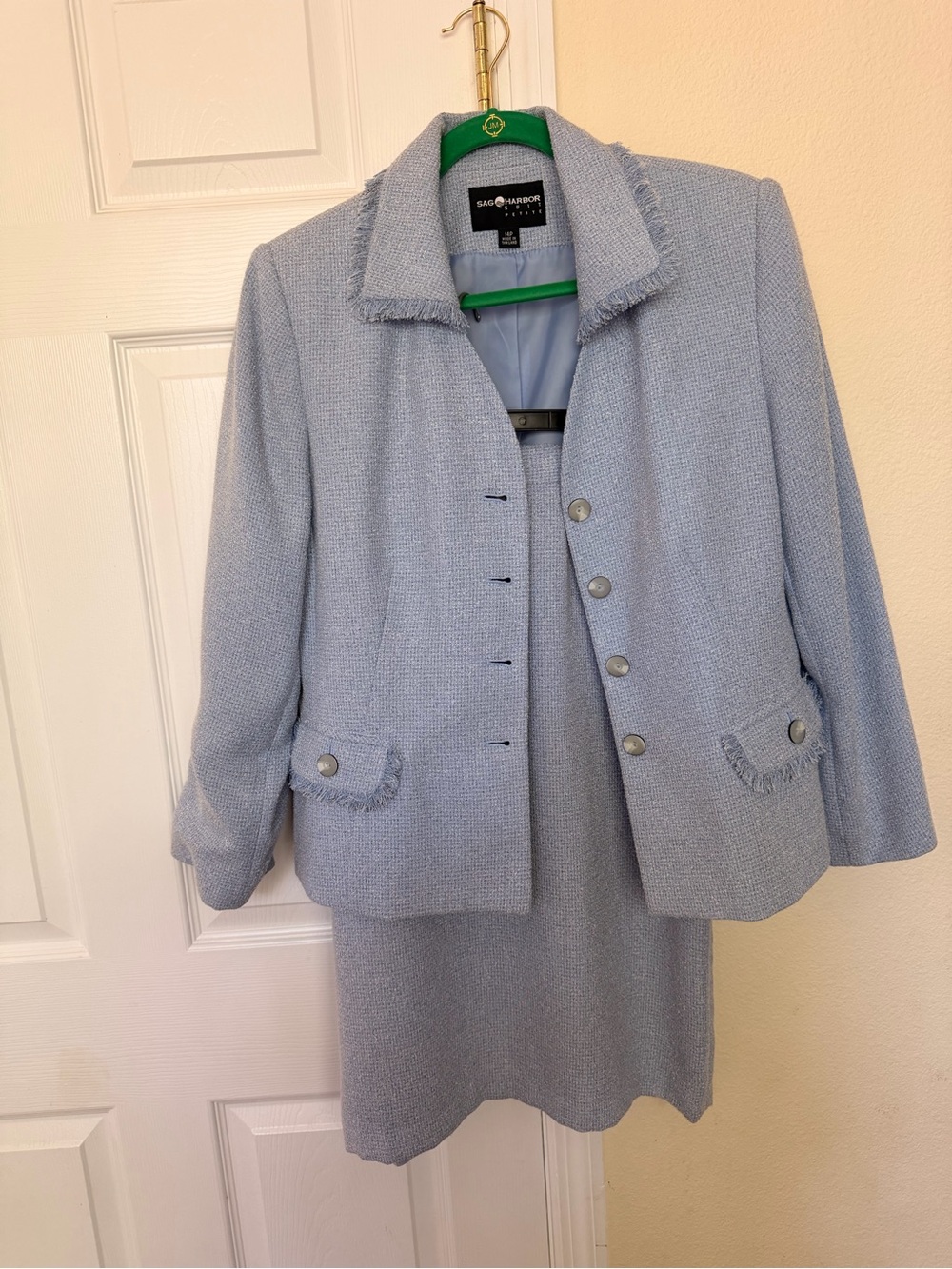 Sag Harbor Pale Blue Textured Two-Piece Jacket & Skirt Set size P14 or L 12-14